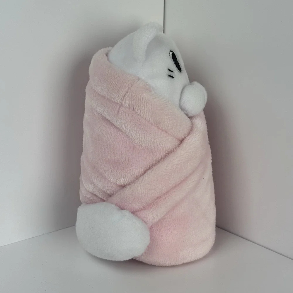 UNCUTE PURRITOS MOCHI WHITE KITTEN BABY WRAPPED IN PINK LOVEY BLANKET PLUSH